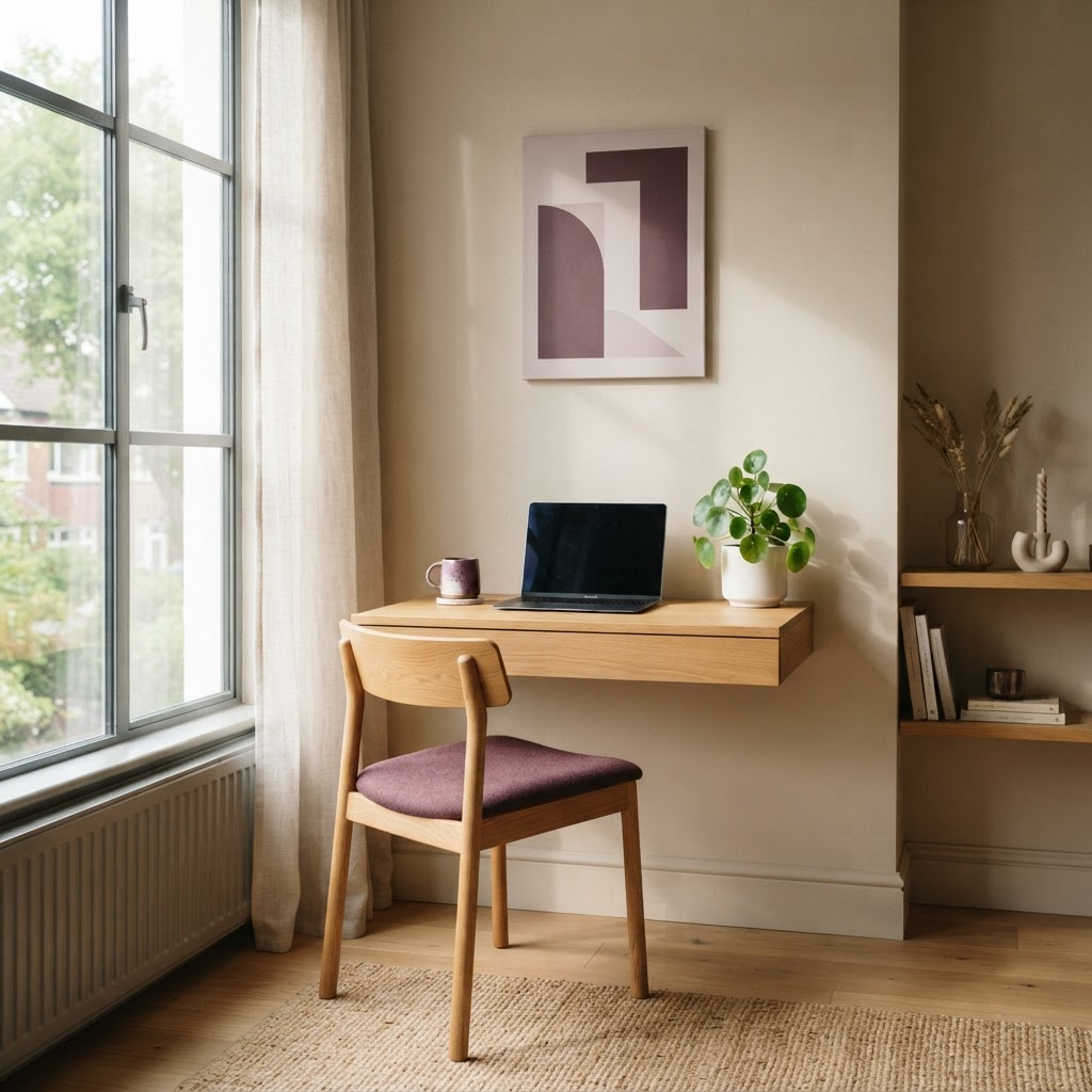 Angolo di una scrivania minimalista da casa con laptop e pianta, luce naturale