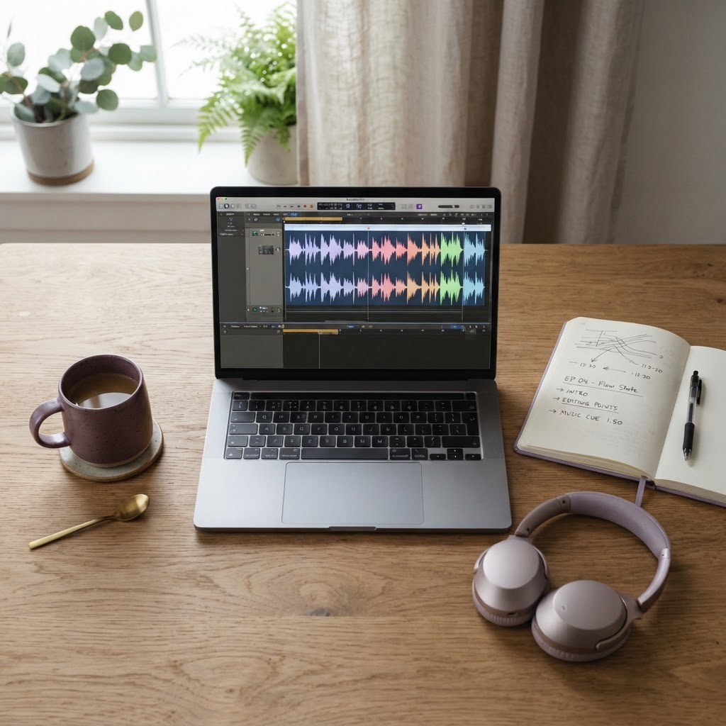Postazione di lavoro da casa con laptop, cuffie e appunti per l’editing di contenuti audio e testuali