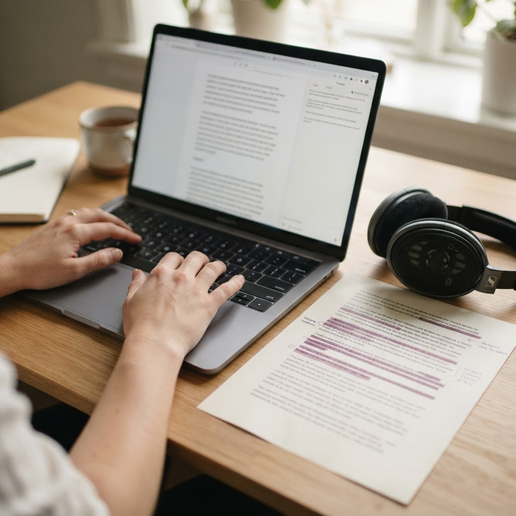 Mani che scrivono su un laptop accanto a una trascrizione stampata con passaggi evidenziati
